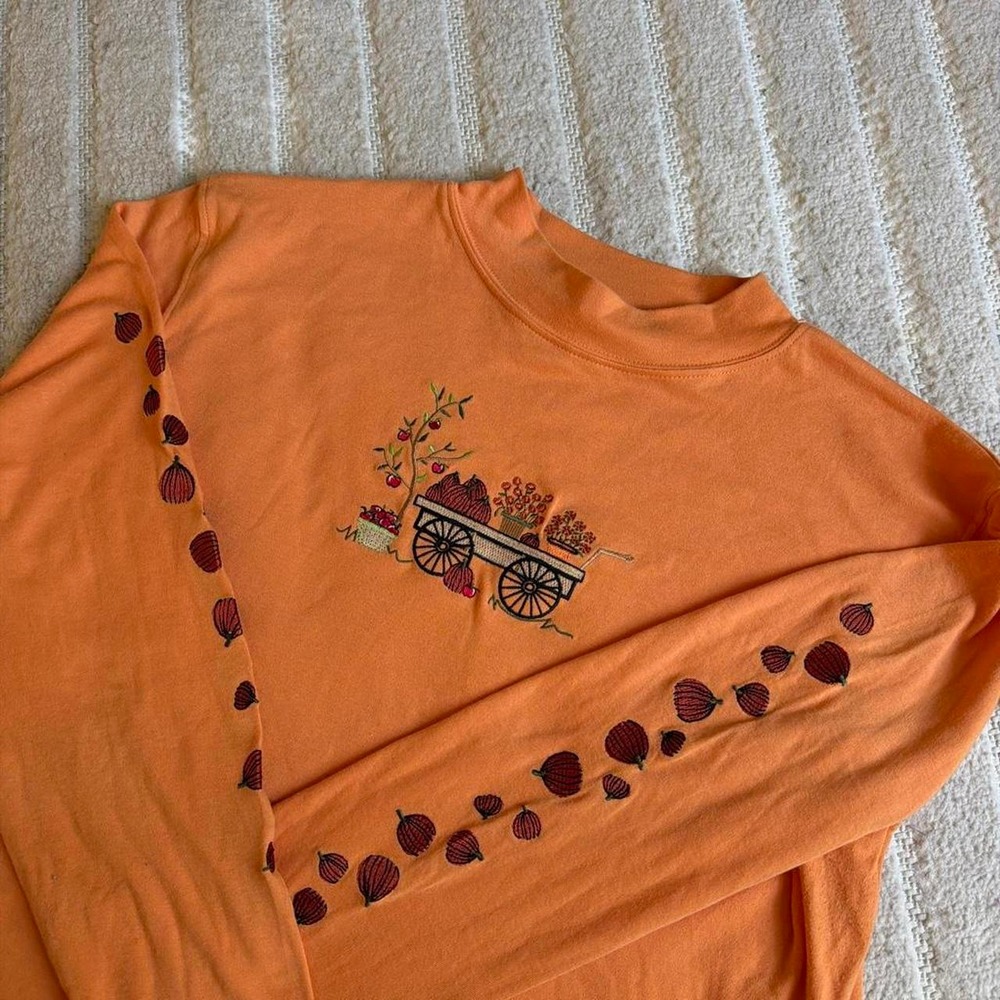 VTG y2k Mountain Lake Autumn Orange shirt size XL Pumpkin Leaves Retro